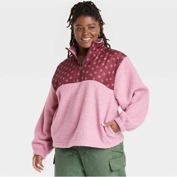 🆕 UNIVERSAL THREADS | Pink Quarter Zip Boho Silky Sherpa Jacket | Medium - Picture 1 of 9